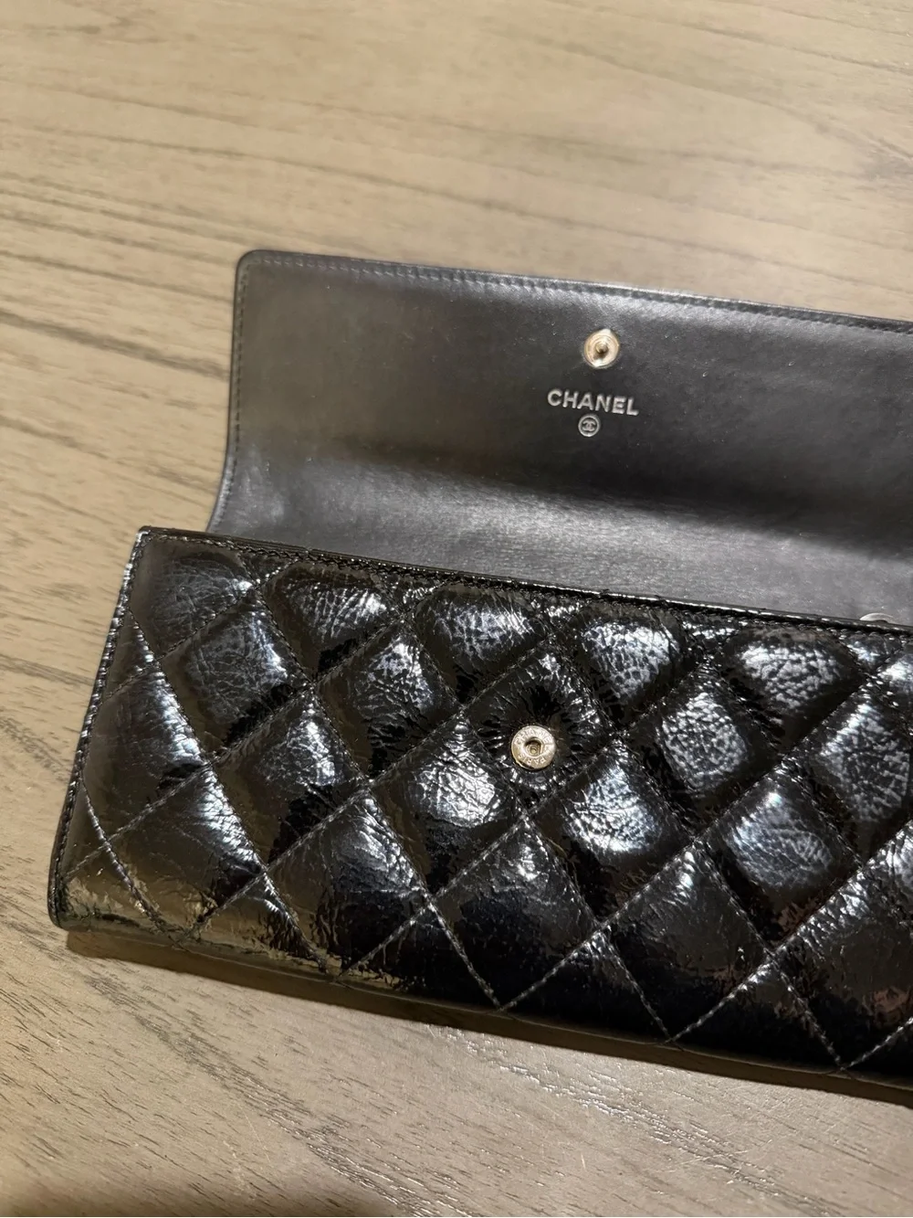 CHANEL Black Quilted Patent Leather Wallet with Silver CC Hardware